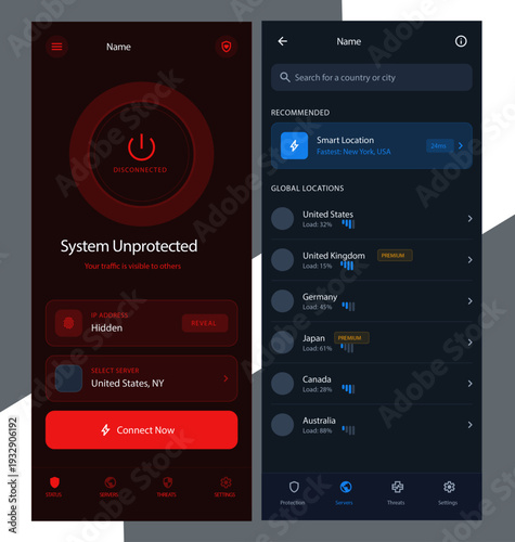 "The visual mood is high-tech, urgent, and authoritative. It utilizes a striking contrast between a warning 'Disconnected' state in deep obsidian and crimson red, and a stable 'Global Locations' state