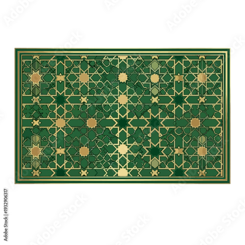 Intricate green and gold patterned design on a decorative rectangular surface viewed directly.