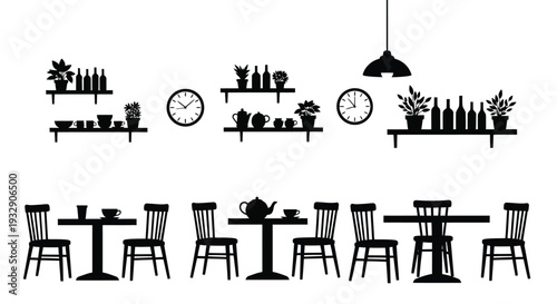 Minimalist cafe interior with shelves, tables, and chairs silhouette