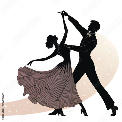 Vector illustration of a black silhouette of a beautiful woman in a fashion dress dancing at a music party