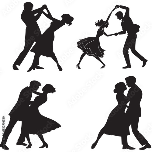 Vector illustration set of black silhouettes featuring a fashion woman in a dress, dancing people, and a wedding couple artfully performing a tango at a party