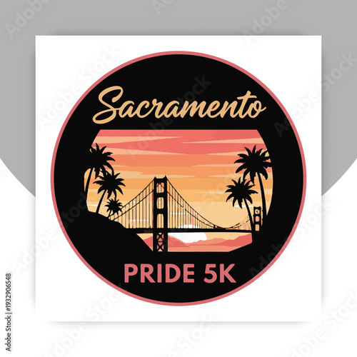 Sacramento Pride 5K Retro Sunset Badge with Bridge Silhouette LGBTQ Pride Run Event Design,