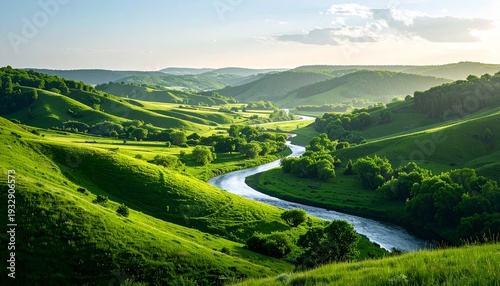 Serene river winding through lush green hills and trees under bright daylight, creating a vibrant and realistic landscape.
