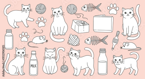 Cute hand drawn cats and kitten accessories collection in doodle style on pink background