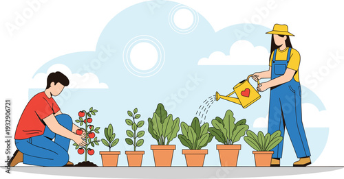 Home gardening activity illustration with people planting watering plants and growing organic vegetables
