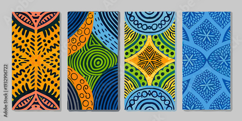 Four vibrant and colorful abstract patterned panels arranged in a row