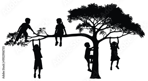 Children playing joyfully on a tree branch, a striking silhouette