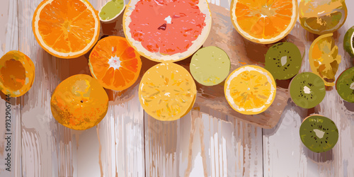 A vibrant assortment of sliced citrus fruits and kiwi on wood