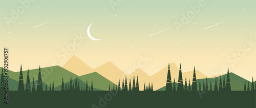 Vector illustration. Beautiful landscape. Minimalistic mountain and forest style. Background for prints, art decor, wall art and canvas printing.