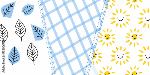 Playful baby pattern with leaves checks and smiling suns on white