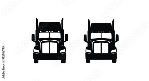 Two semi-trucks facing forward in a stark black silhouette