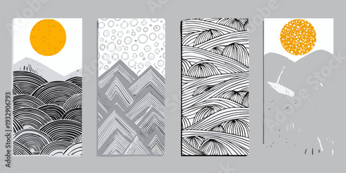 Four abstract panels depicting landscapes and circular sun or moon motifs