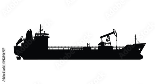 Black silhouette of an oil tanker ship against a white background silhouette