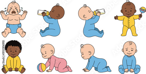 Cute baby activities collection with crawling playing crying feeding and toddler development stages illustration