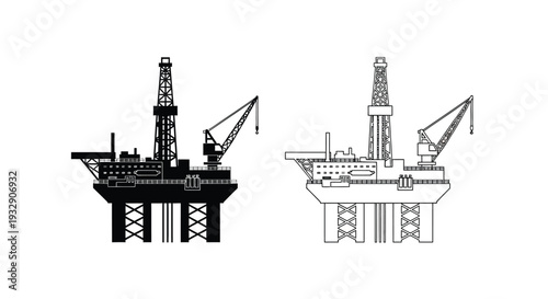 Two offshore oil drilling platforms shown in stark black silhouette