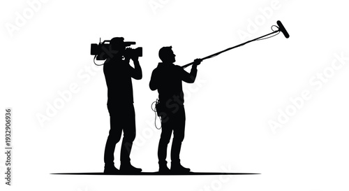 Film crew operating camera and boom microphone, distinct silhouette
