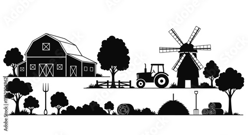 Rural landscape featuring a barn, windmill, and tractor silhouette