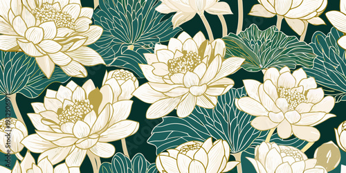 Elegant floral pattern featuring white and gold lotus blossoms on teal