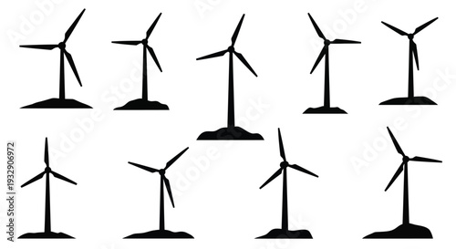Collection of wind turbines in various positions, black silhouette