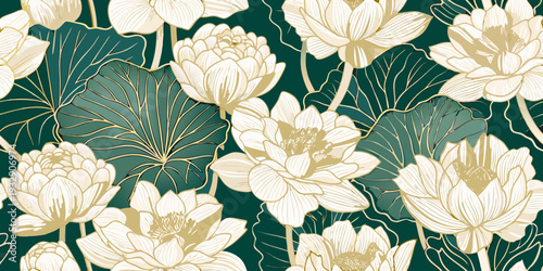 Elegant floral pattern featuring golden lotus flowers on a dark teal background