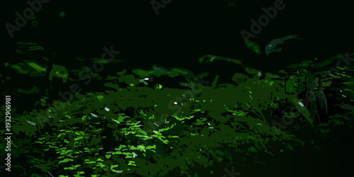Dark abstract foliage and plant life in a heavily shadowed scene
