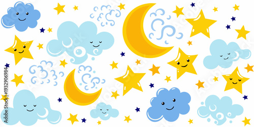 Cute cartoon clouds stars and crescent moons on a white background