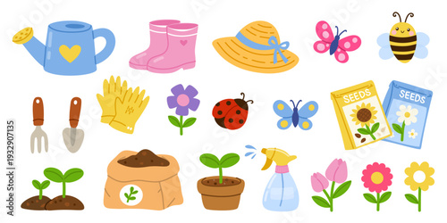 Gardening elements set with watering can, rubber boots, sun hat, insects, seeds, seedlings and flowers on white background. Perfect for spring and summer design. Flat vector illustration.