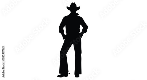 A cowboy stands with hands on hips, a striking black silhouette