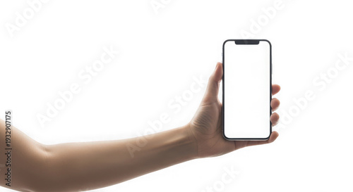 A hand holding a smartphone with a blank screen isolated on transparent background