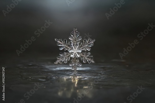 Macro View of a Single Snowflake Resting on Dark Metallic Surface With Detailed Structure Illuminated by Soft Light in High Resolution