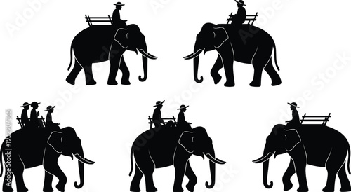 Elephant safari silhouette illustration, tourists riding elephants, wildlife tourism vector set, black animal icons isolated on white