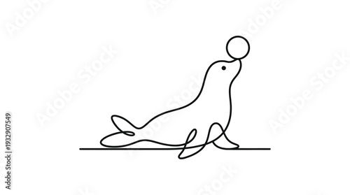 Seal Balancing Ball One-Line Icon, Single Continuous Line Playful Marine Animal Outline