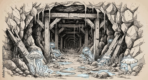 Mysterious Underground Mine Tunnel with Glowing Mushrooms and Crystals