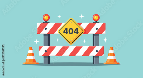 404 Error Page Not Found Barrier with Traffic Cones.