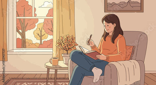 Woman writing in a journal in a cozy armchair near a window with autumn view