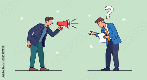 Angry Boss Yelling at Confused Employee with Megaphone.