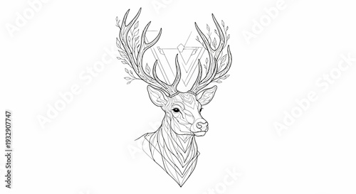 Majestic deer head illustration with geometric patterns and leafy antlers