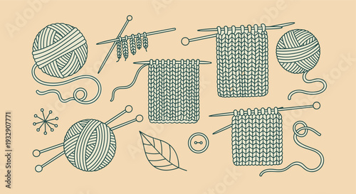 Hand drawn illustration of knitting supplies including yarn balls needles and knitted fabric samples on a beige background