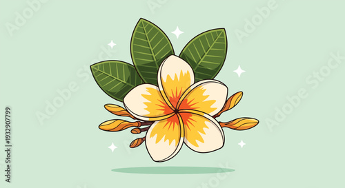 Beautiful Plumeria Flower with Green Leaves Illustration.