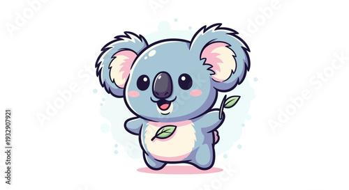 Cute smiling koala illustration holding eucalyptus leaf on white background.