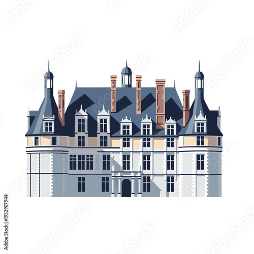 Elegant french chateau with slate roof and turrets showcasing classic architecture on a white background