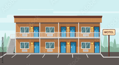 Charming two-story motel with wood exterior, bright blue doors, balconies, outdoor lighting, and ample parking spaces under a clear sky
