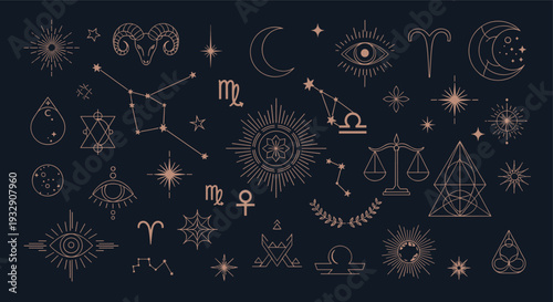 Mystical Celestial Constellations Zodiac Signs Alchemy Symbols and Esoteric Elements on Dark Background