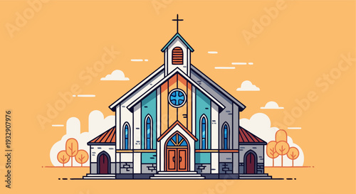 Charming cartoon church with stained glass windows and steeple surrounded by trees on a sunny day in a minimalist pastel art style