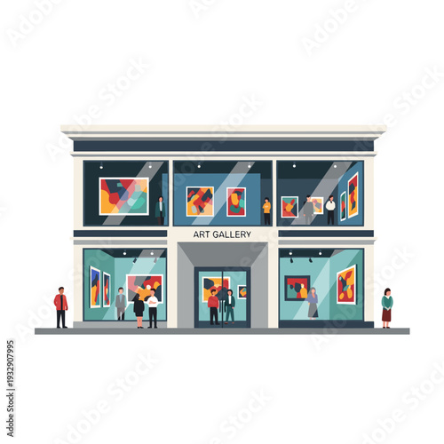 Modern art gallery facade with large windows, colorful abstract paintings and visitors observing exhibition on bright day
