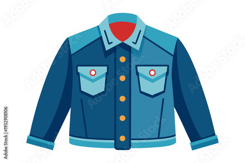 Stylish blue denim jacket with collar, buttons, and pockets on white background fashion illustration
