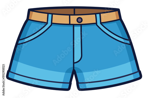 Blue denim shorts with rolled hems and tan waistband featuring front pockets and button accent in casual summer fashion style