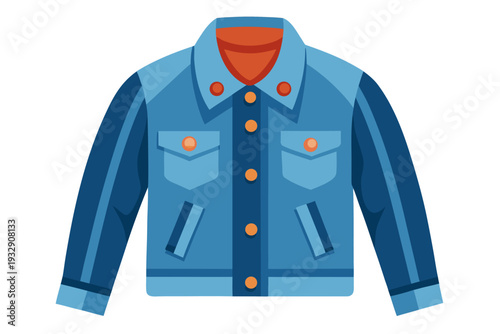 Stylish blue denim jacket with pockets and button details, front view illustration on a white background, perfect for fashion and casual wear design inspiration