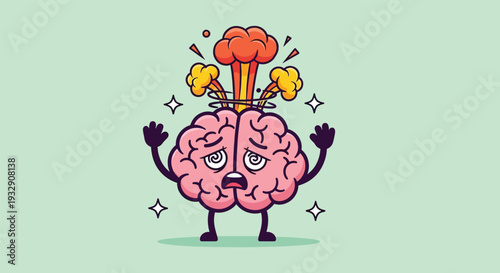 Cartoon Brain Overwhelmed and Exploding with Stress.