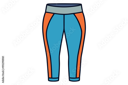 Colorful athletic leggings with blue and orange panels and gray waistband for fitness and yoga